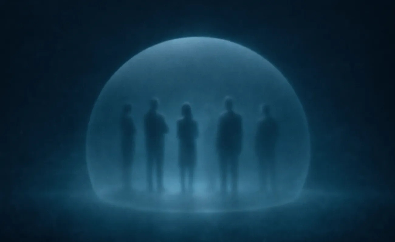 Person with laptop in transparent sphere