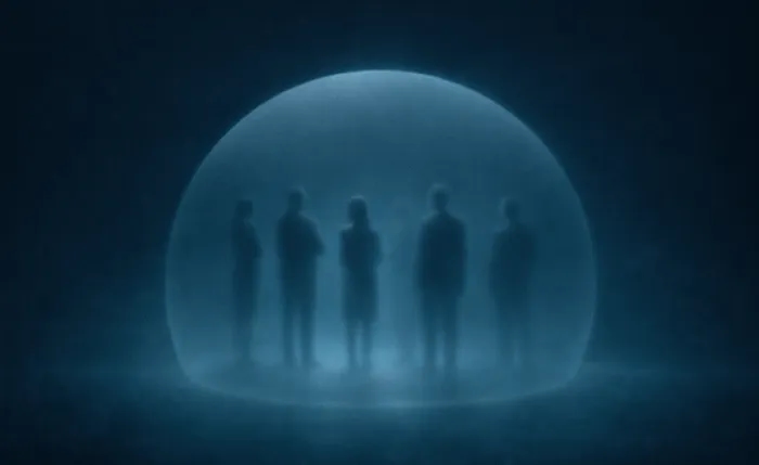 Person with laptop in transparent sphere